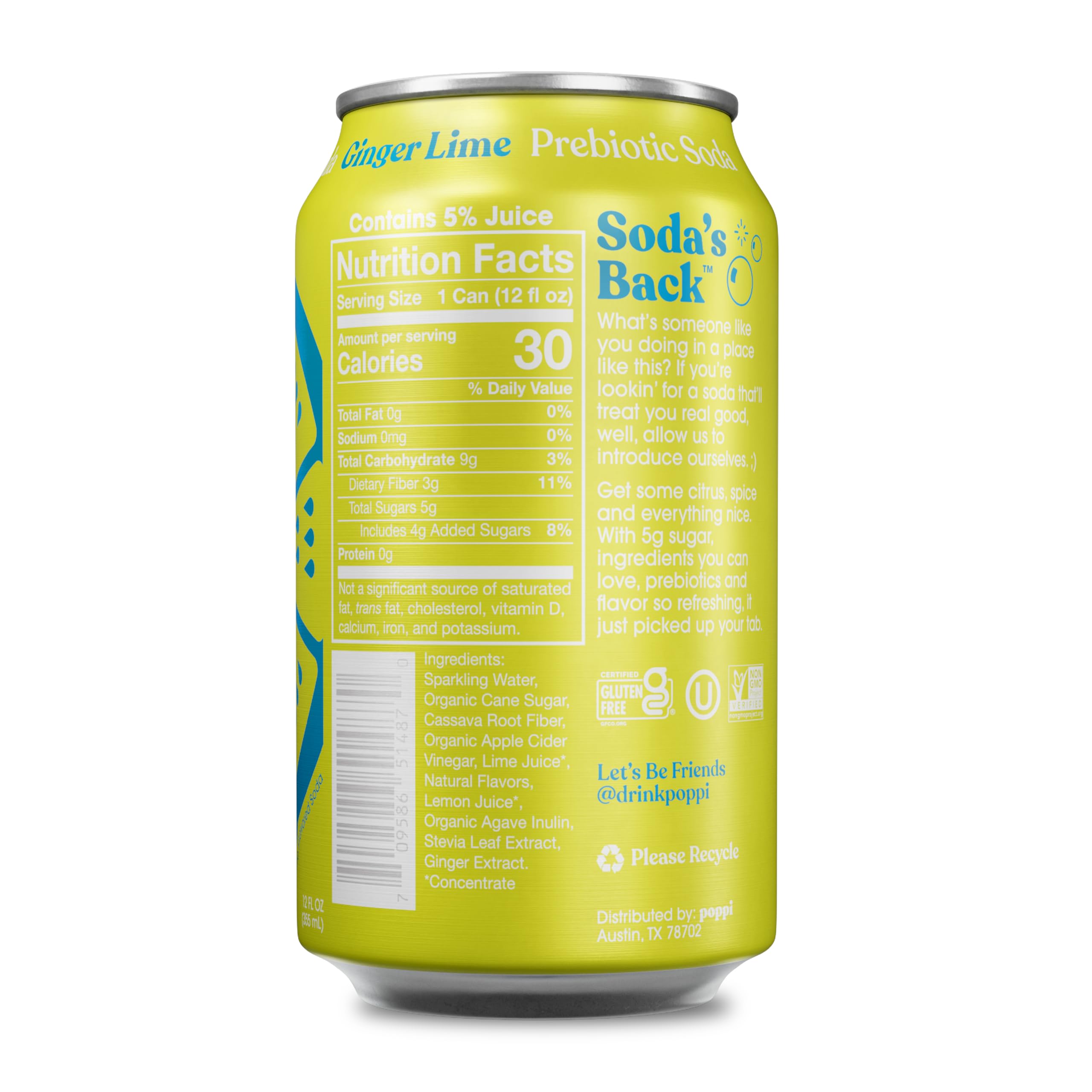 poppi close-up label highlighting ingredients and prebiotic fiber benefits
