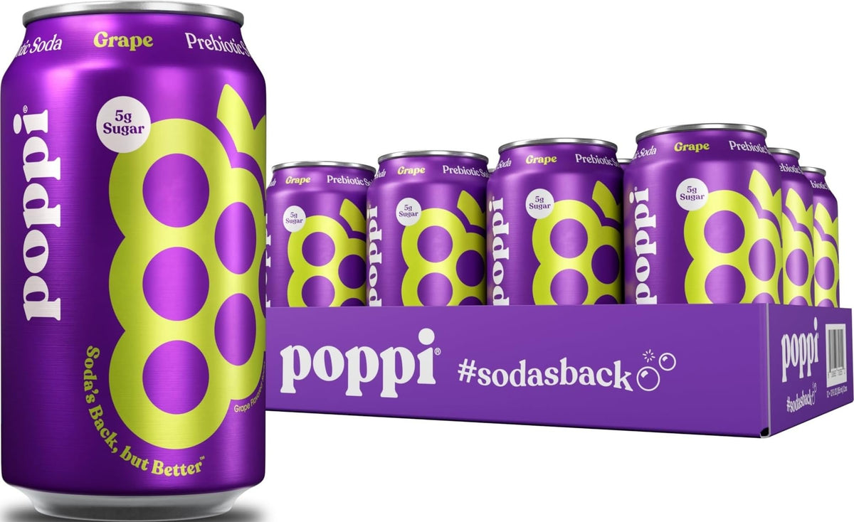 poppi grape front packaging showing 12 pack and refreshing appeal
