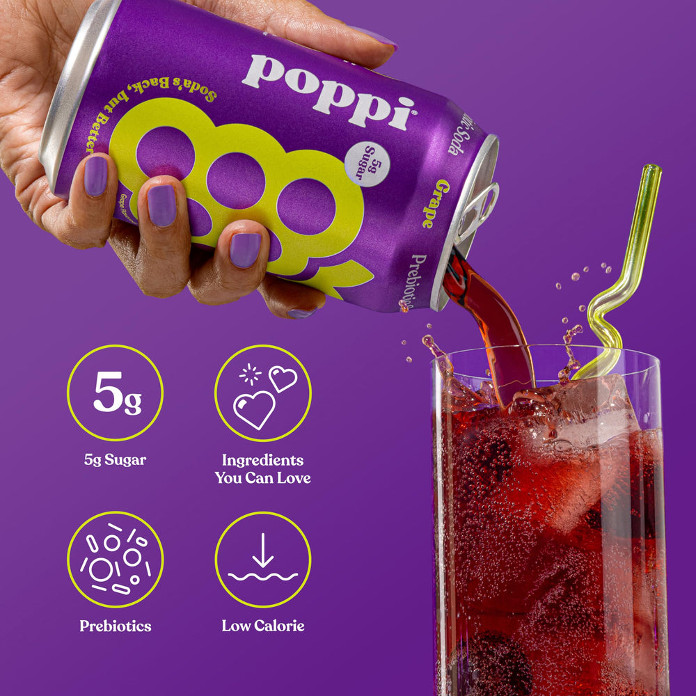 poppi grape scale comparison with hand and twelve cans for size clarity