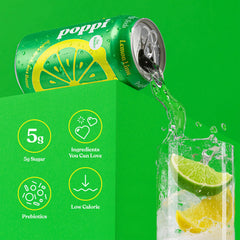 poppi poured over ice in a glass showing refreshing citrus flavor enjoyment