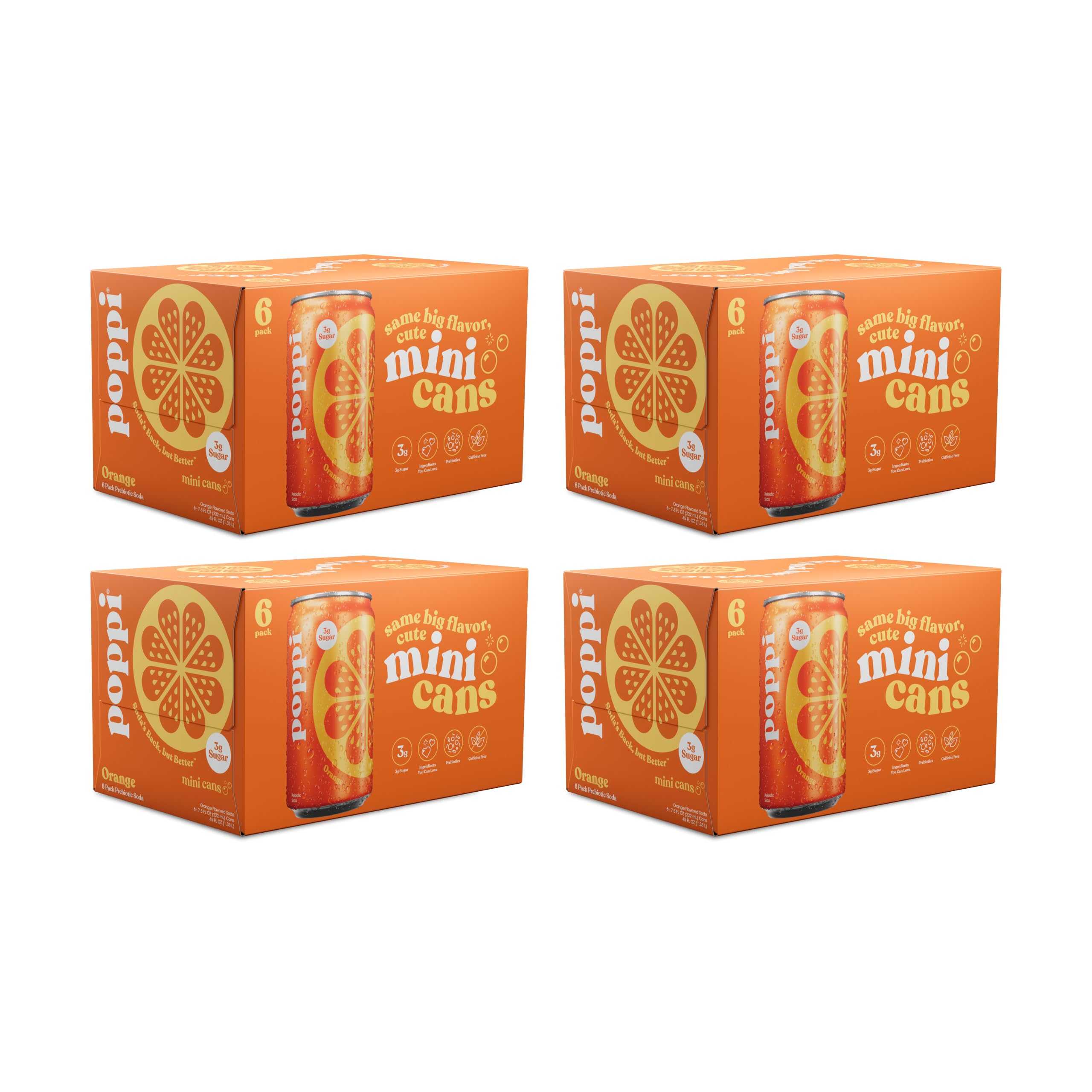 poppi front packaging orange mini cans showing 24-pack and convenience