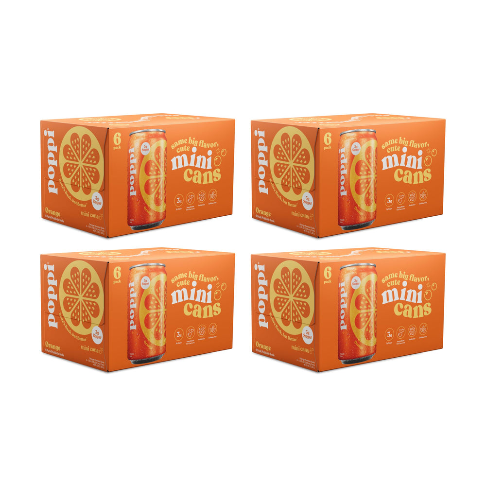 poppi front packaging orange mini cans showing 24-pack and convenience