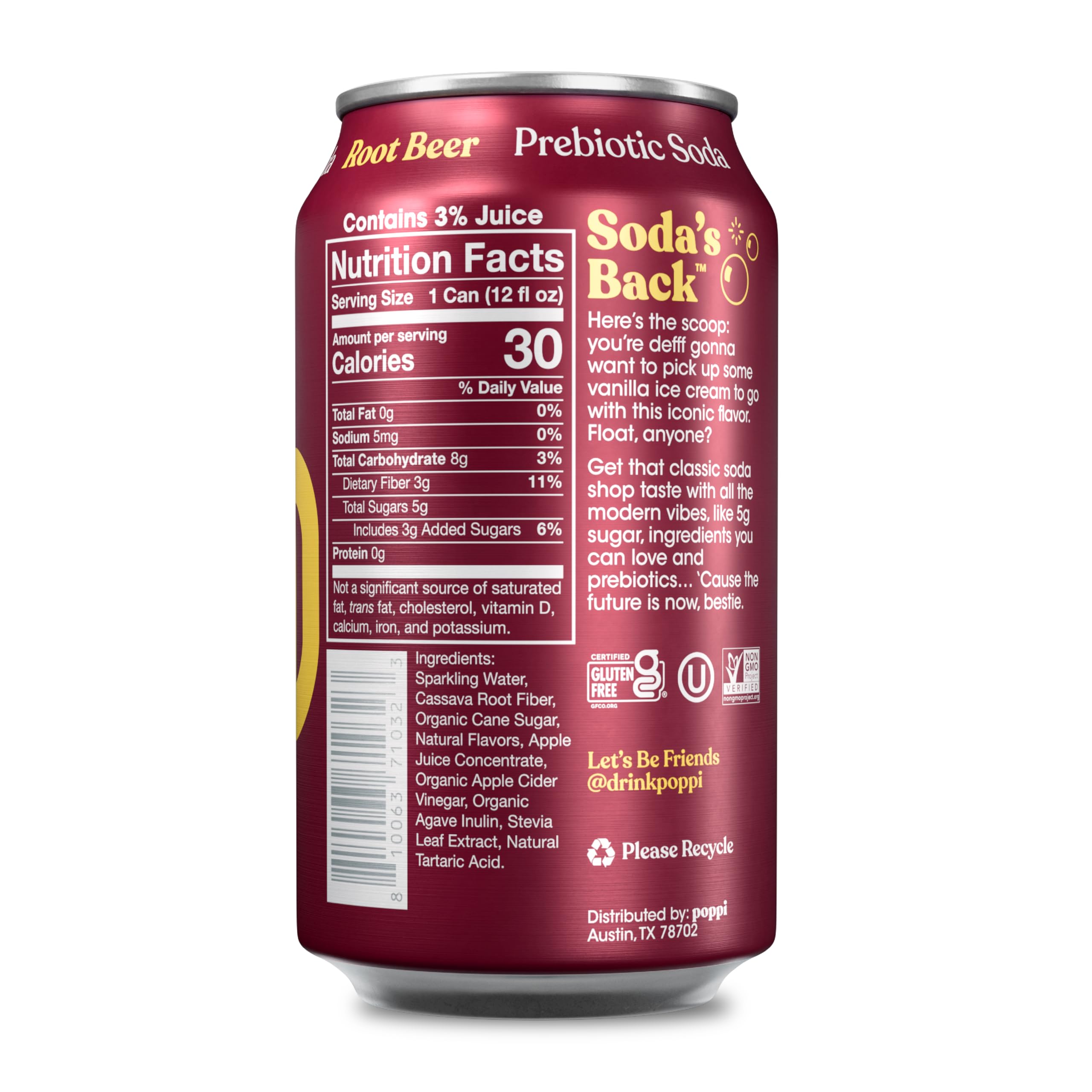 poppi root beer can close-up highlighting label and carbonation