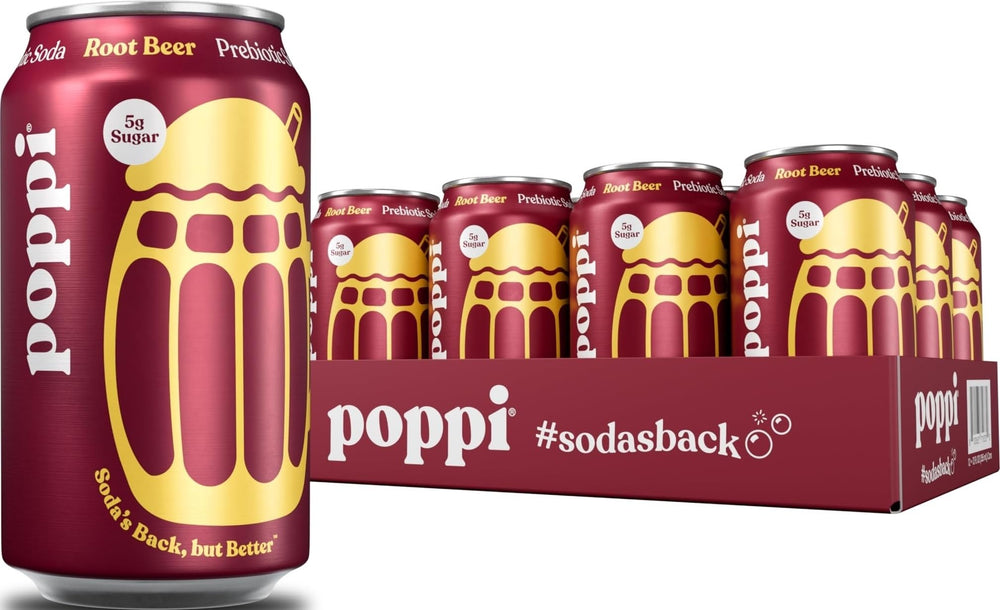 poppi root beer front packaging showing 12-pack and benefits