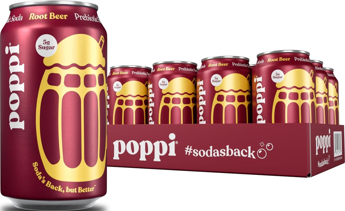 poppi root beer front packaging showing 12-pack and benefits