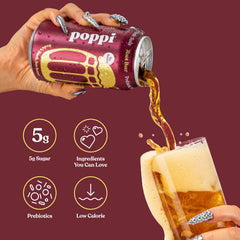 poppi root beer can held in hand showing 12 oz size and portability
