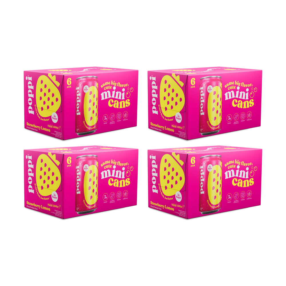 Poppi strawberry lemon front can showing brand and flavor, refreshing look