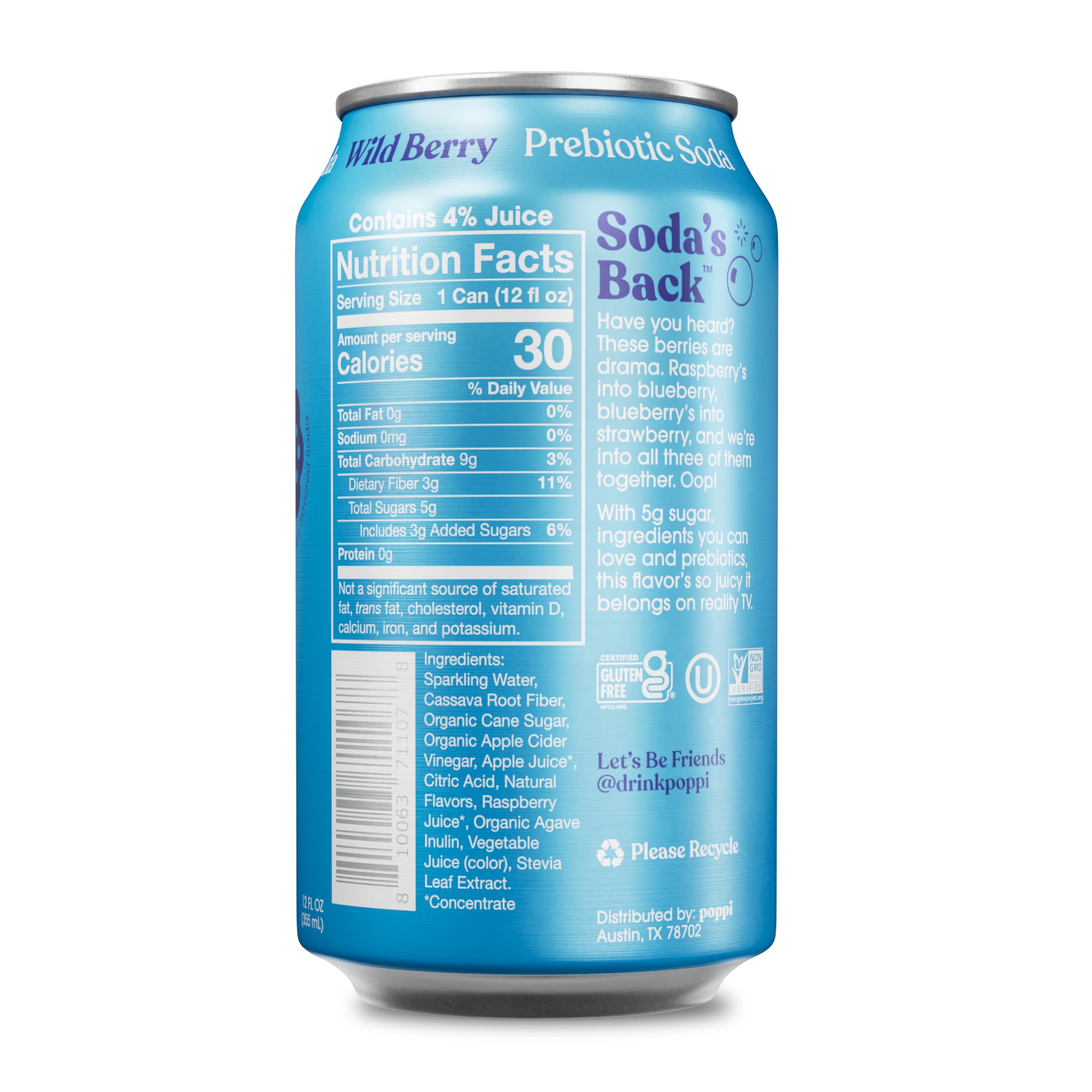 poppi close-up on can texture and berry artwork highlighting natural juice content