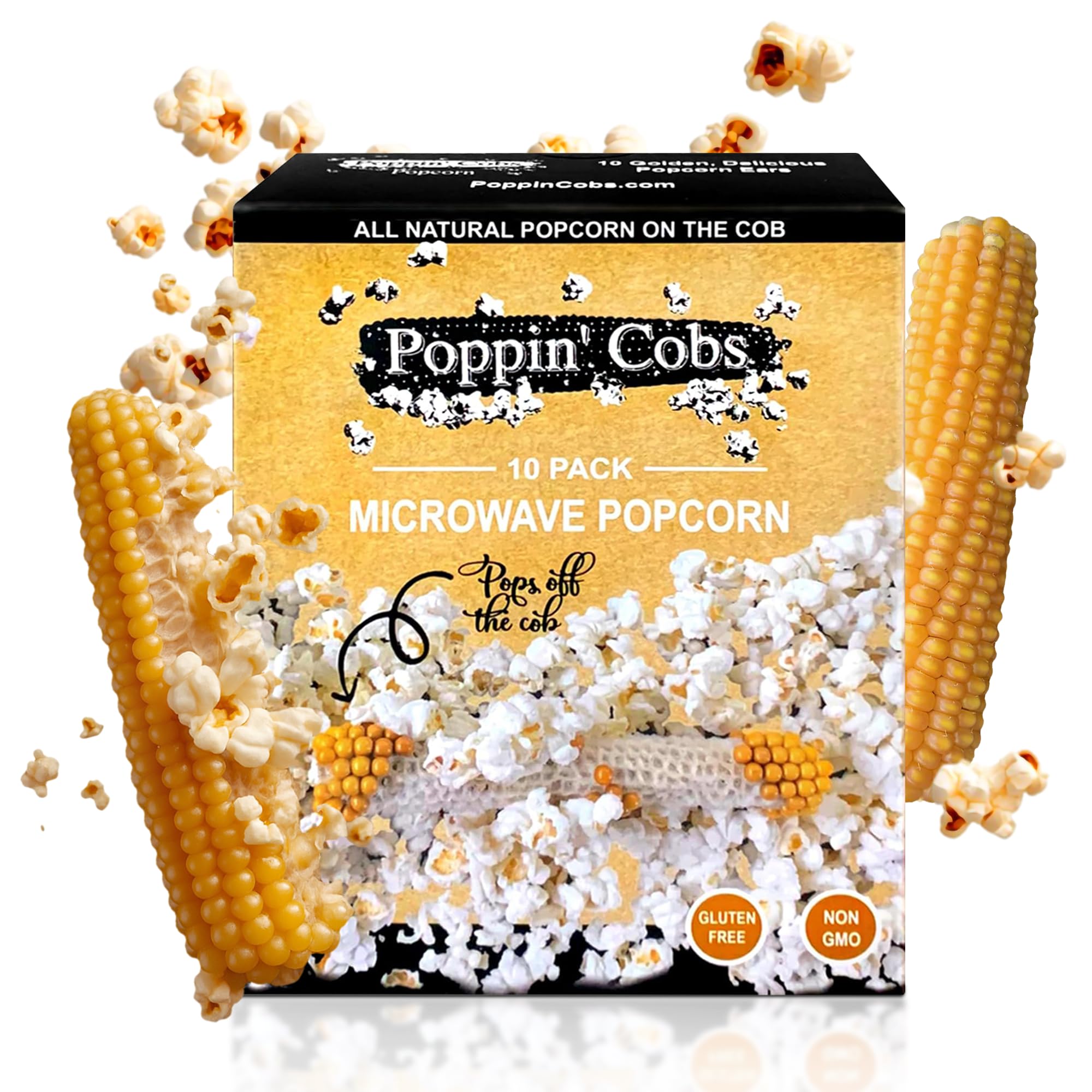 Poppin' Cobs front packaging showing 10-pack and product branding as snack convenience