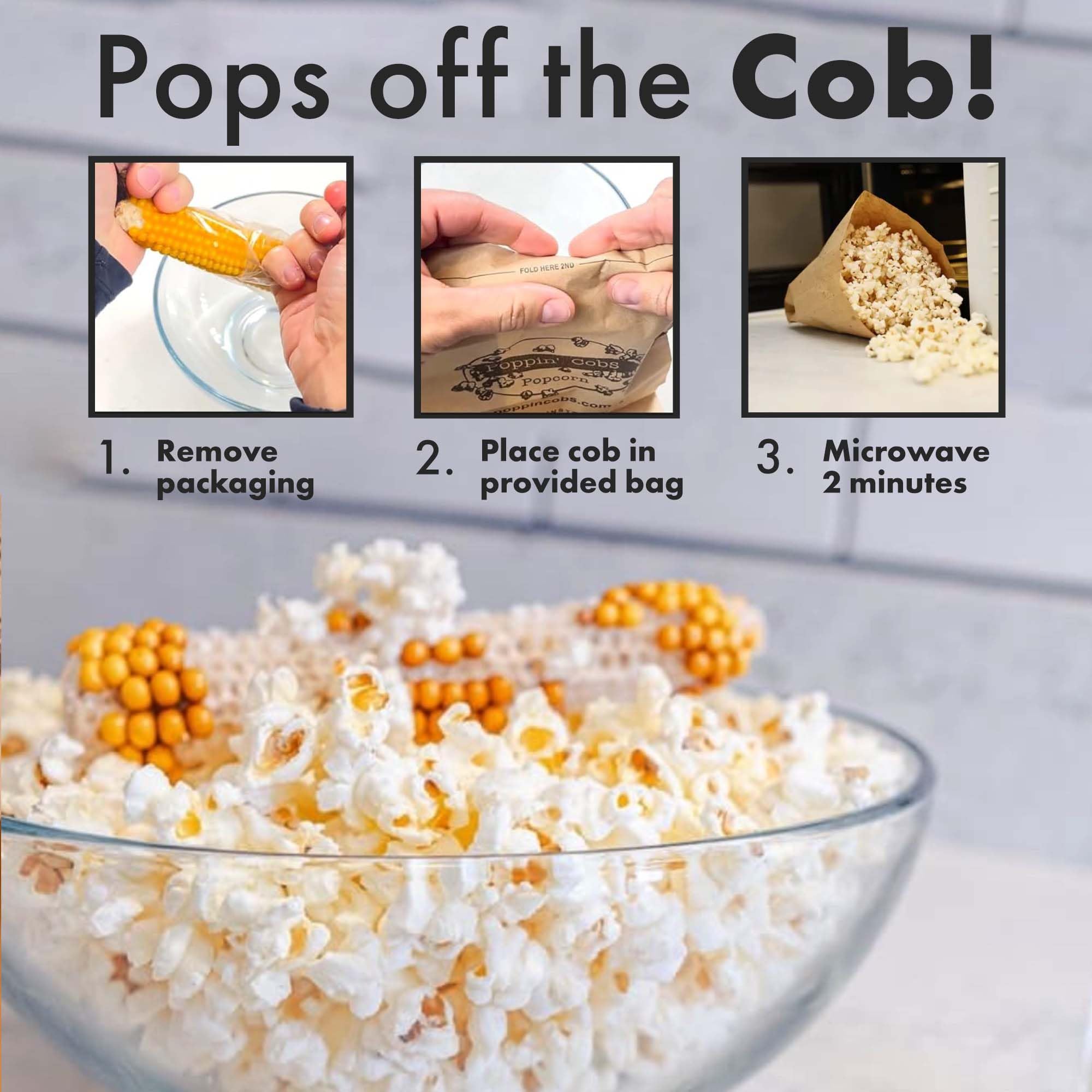 Poppin' Cobs freshly popped corn in bowl illustrating fluffy texture and aroma