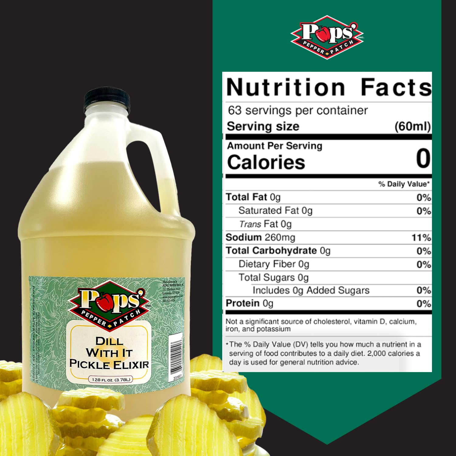 POPS' PEPPER PATCH gallon beside a soda bottle to show size and portioning