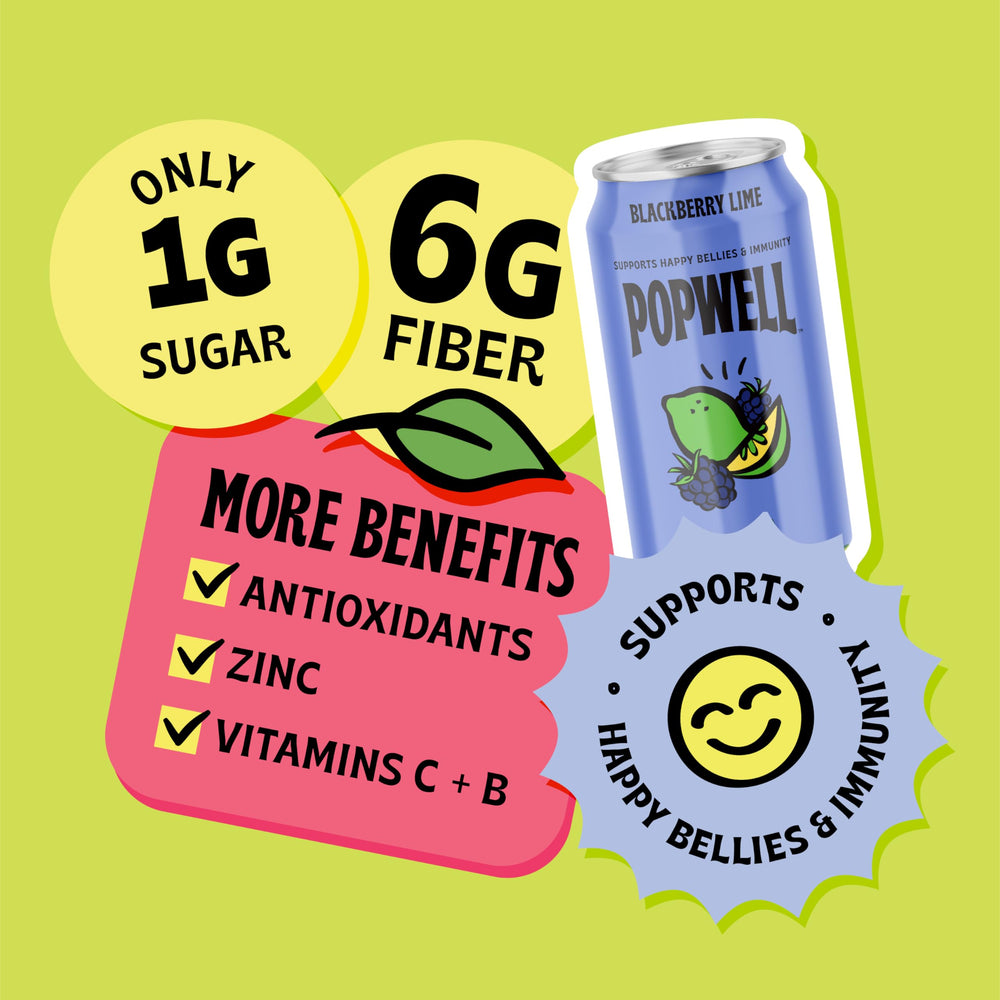 Popwell blackberry lime poured over ice in a glass showcasing refreshing fruit-forward taste