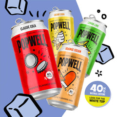 Popwell twelve-pack next to a ruler showing pack size and portability benefits