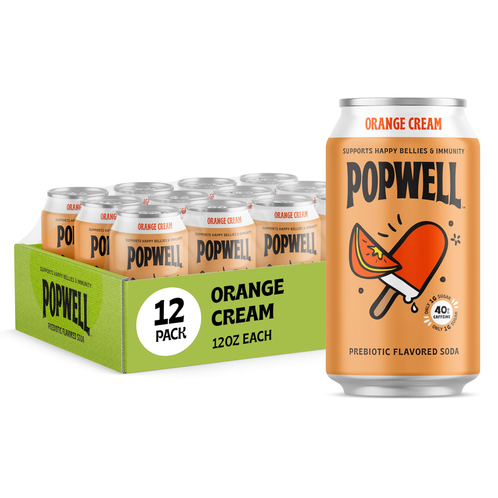 Popwell can front view showing orange cream label and nutrition benefits