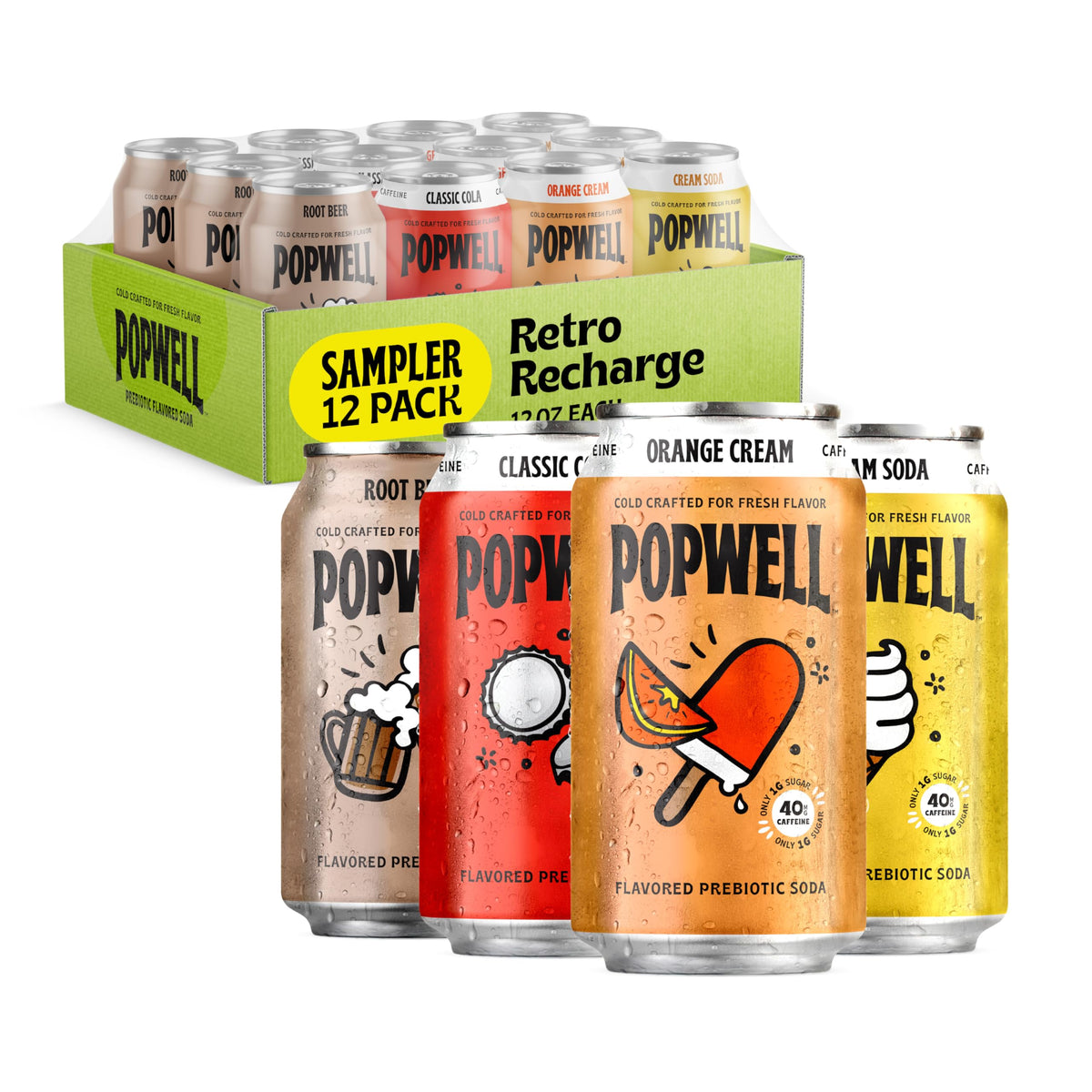 Popwell front packaging showing four-flavor variety and benefits