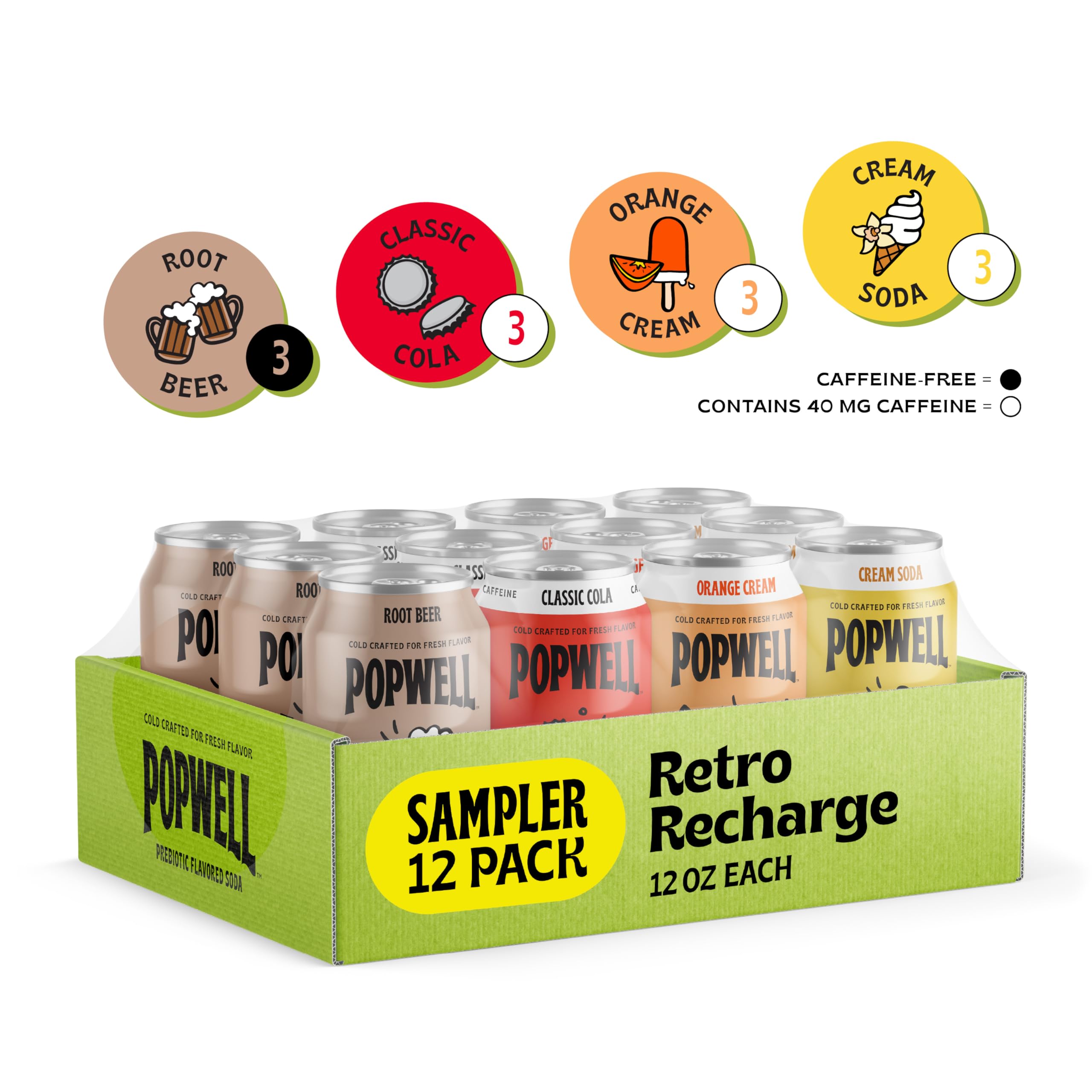 Popwell root beer close-up can highlighting caffeine-free option and flavor
