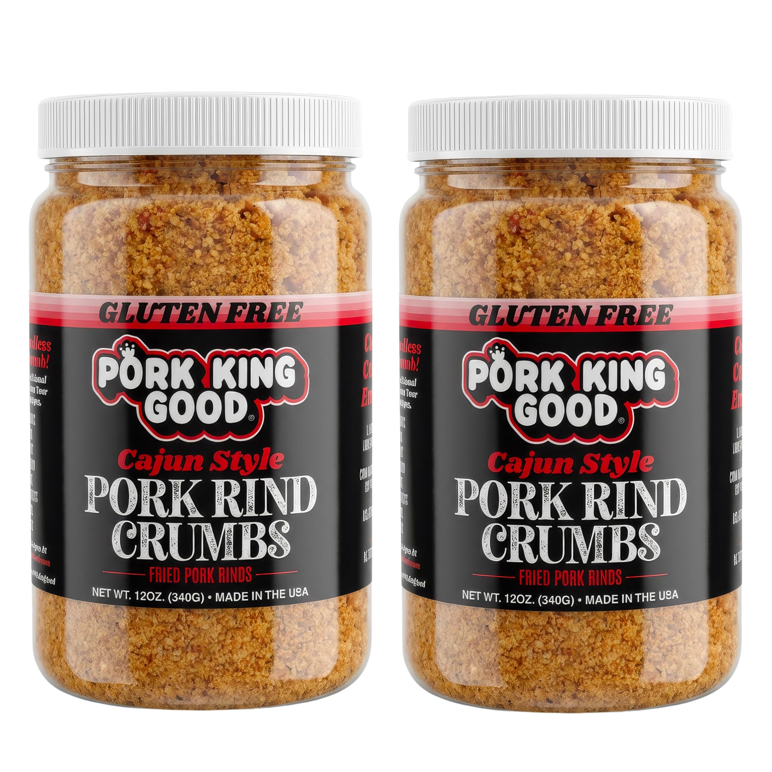 Pork King Good front packaging showing two spicy Cajun breadcrumb jars for convenience