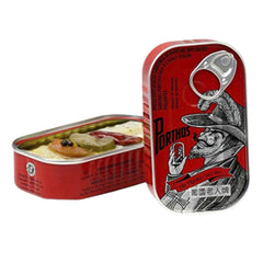 Porthos open tin top view with sardines in hot olive oil for immediate serving