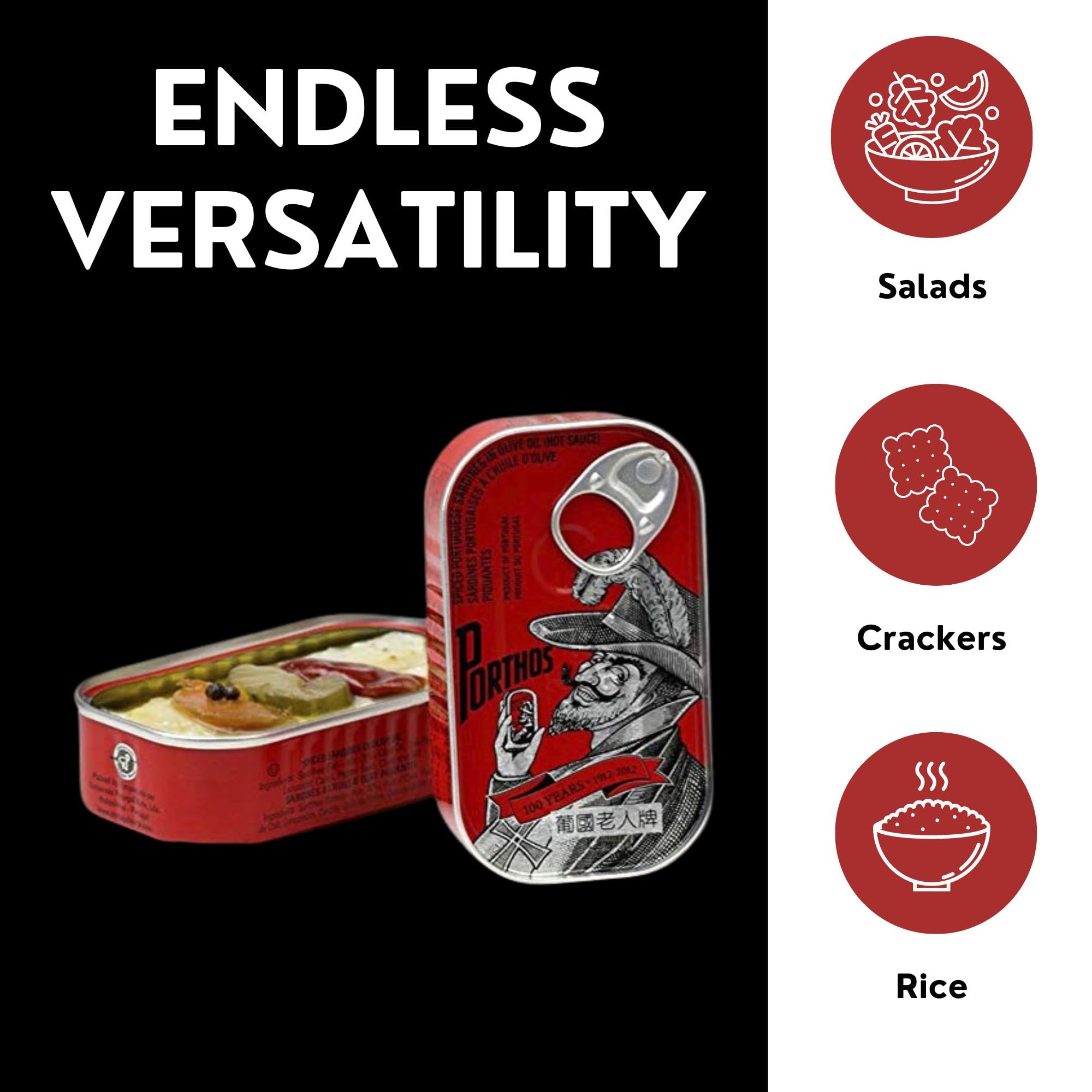 Porthos tin stack next to a hand for scale showing compact pantry convenience