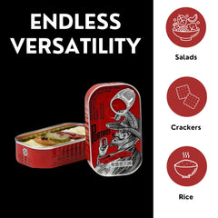Porthos tin stack next to a hand for scale showing compact pantry convenience