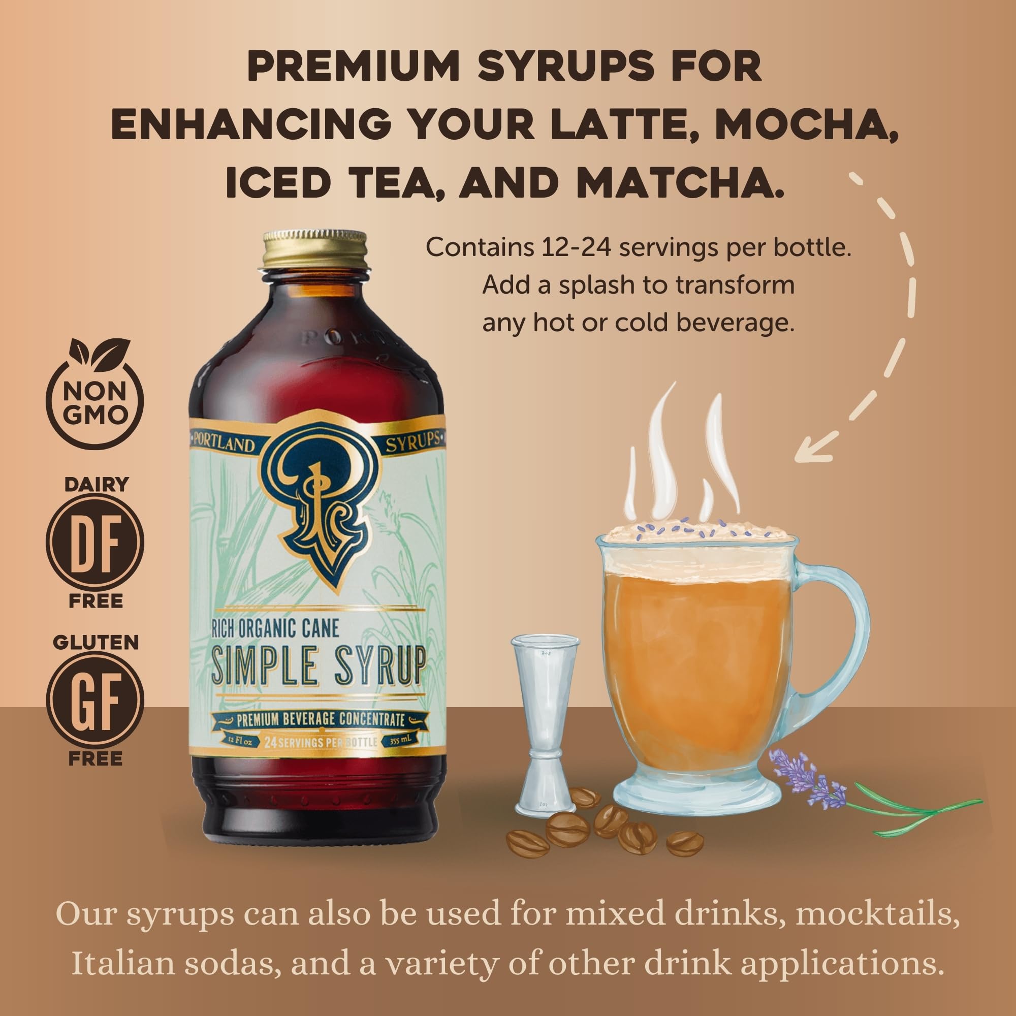 Close-up of Portland Syrups label highlighting handcrafted quality and clear benefits