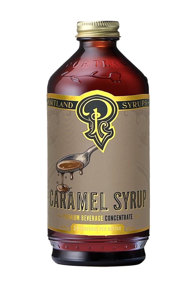 Portland Syrups front bottle packaging showing caramel syrup and brand for shelf appeal