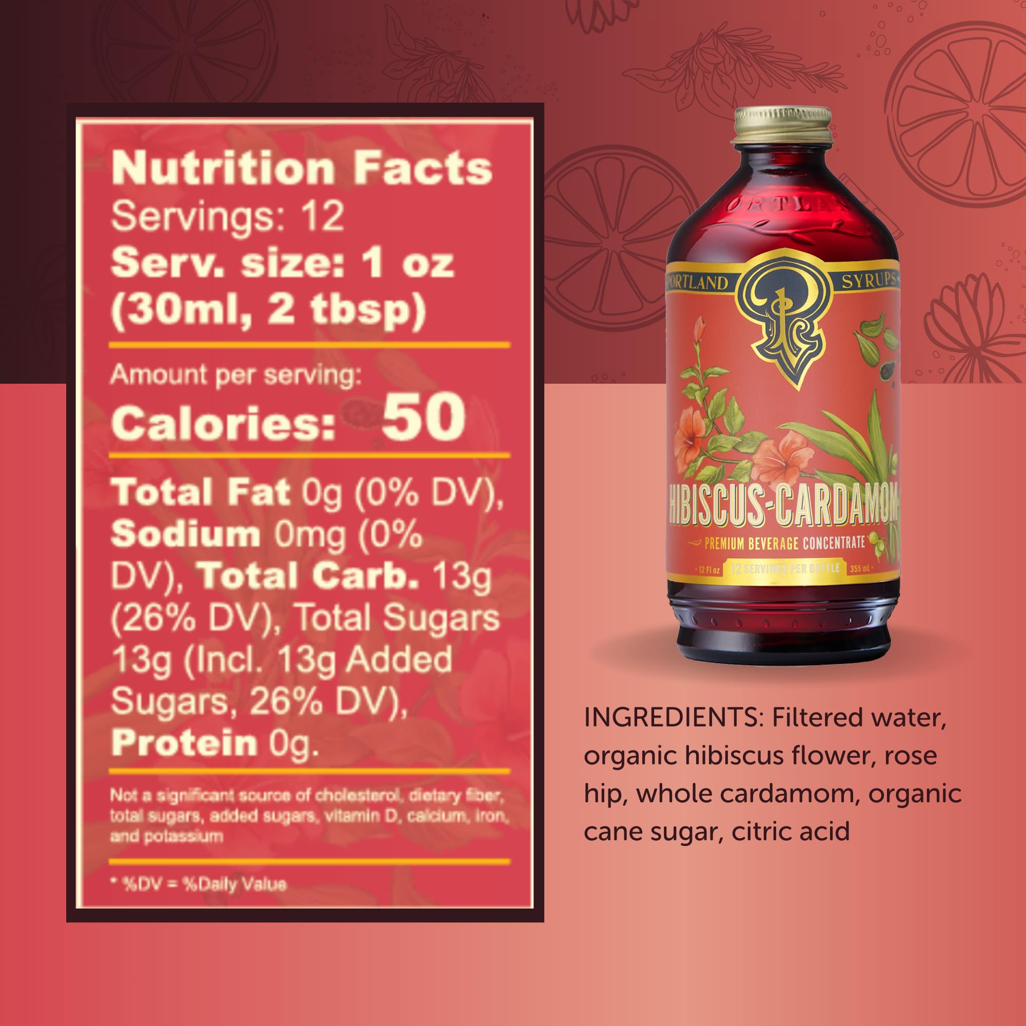 Portland Syrups label detail highlighting hibiscus and cardamom ingredients