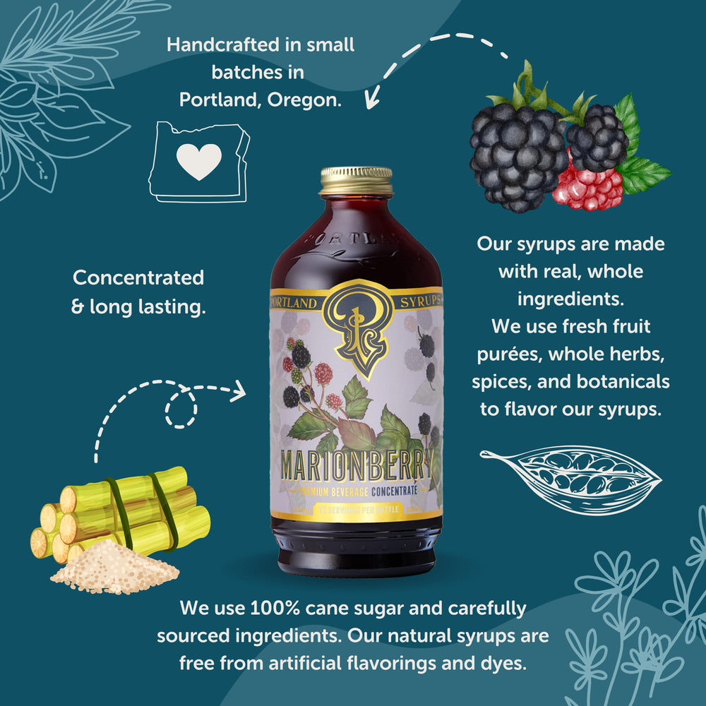Portland Syrups close-up of marionberry and basil ingredients showing natural flavor benefit