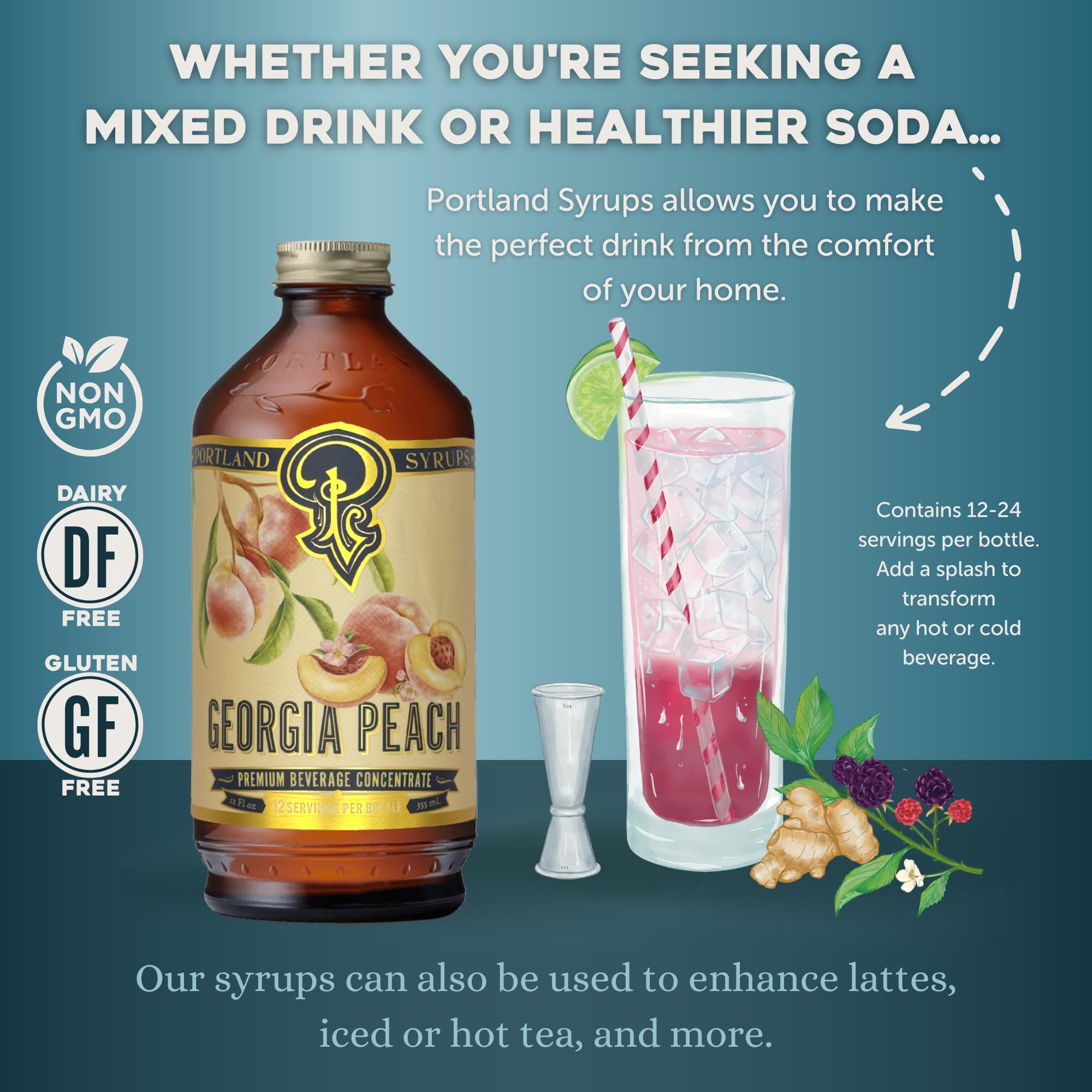 Portland Syrups bottle on a brunch table with iced tea and pastries benefit: enhances entertaining