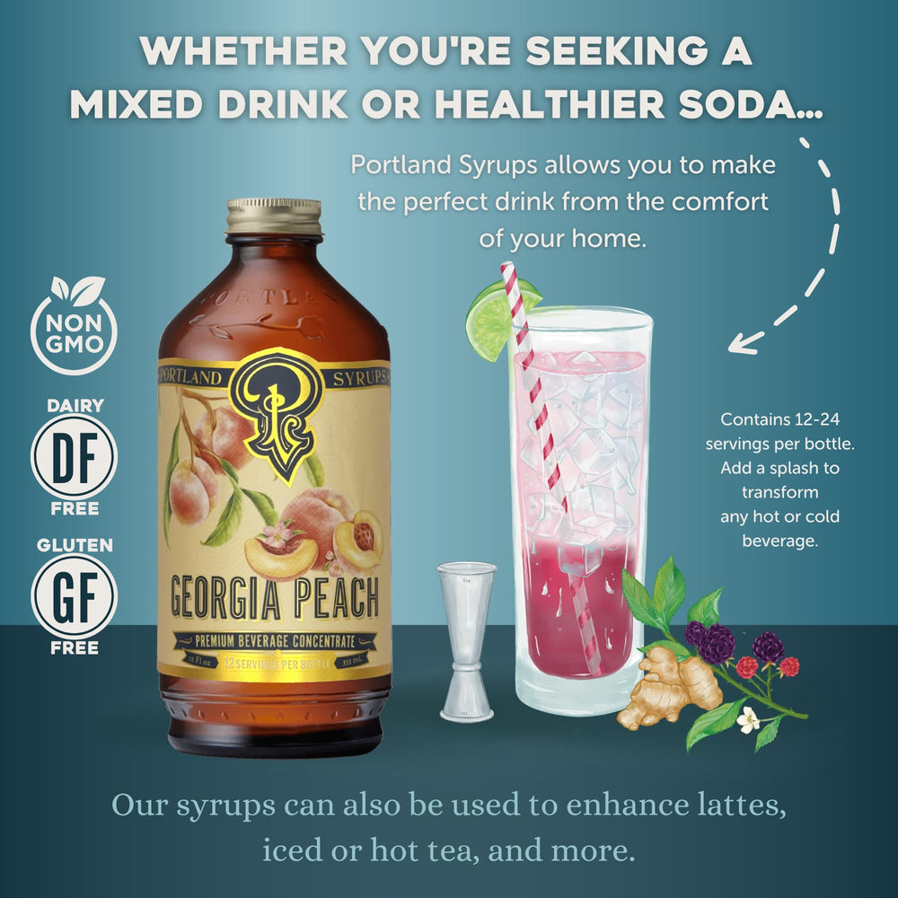 Portland Syrups bottle on a brunch table with iced tea and pastries benefit: enhances entertaining