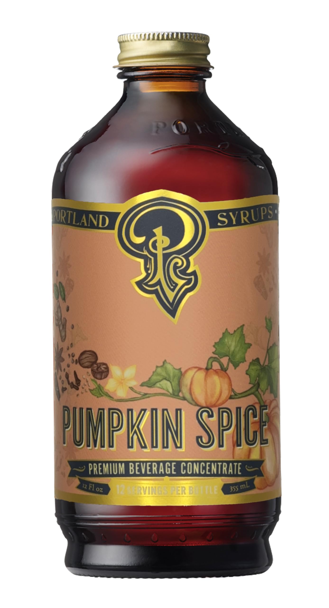 Portland Syrups front label showing organic pumpkin spice branding and benefits