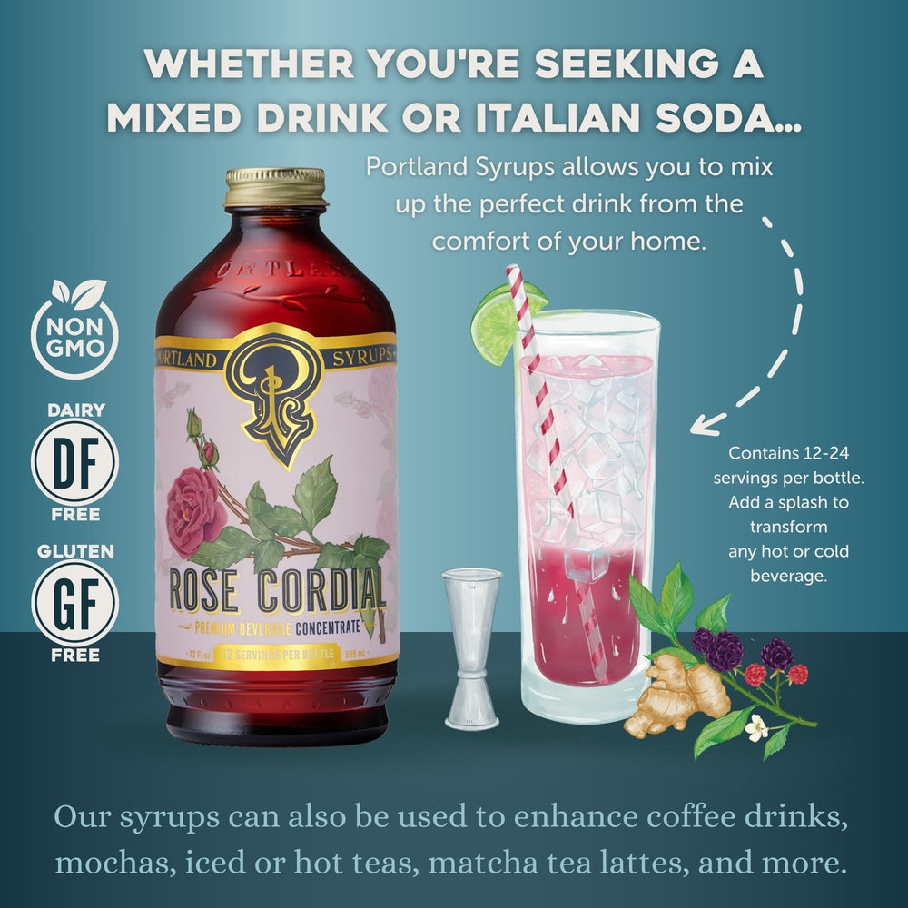 Portland Syrups pouring rose cordial into glass highlighting viscosity and precise dosing benefit