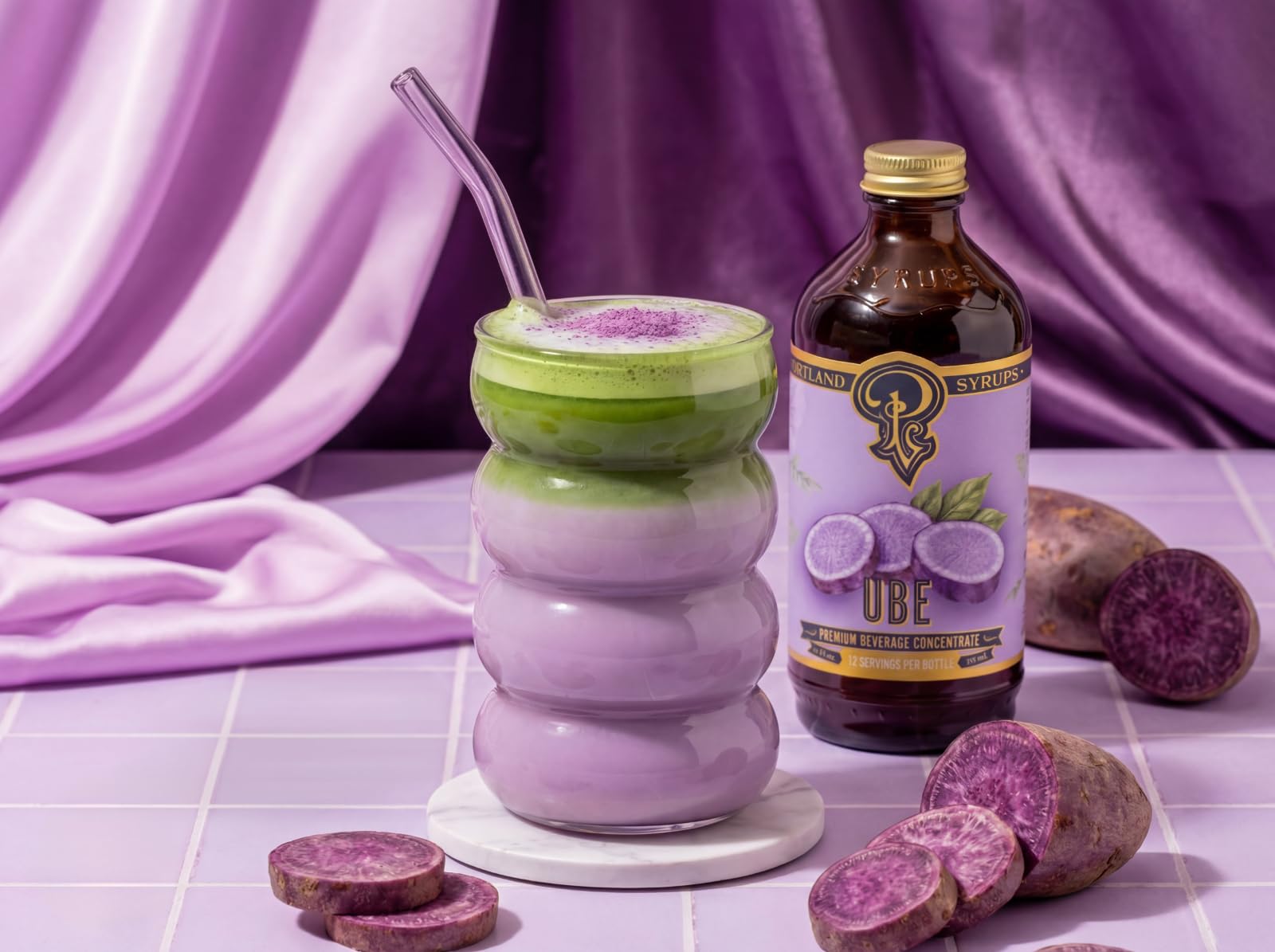 Portland Syrups ube syrup bottle in kitchen setting highlighting versatile use