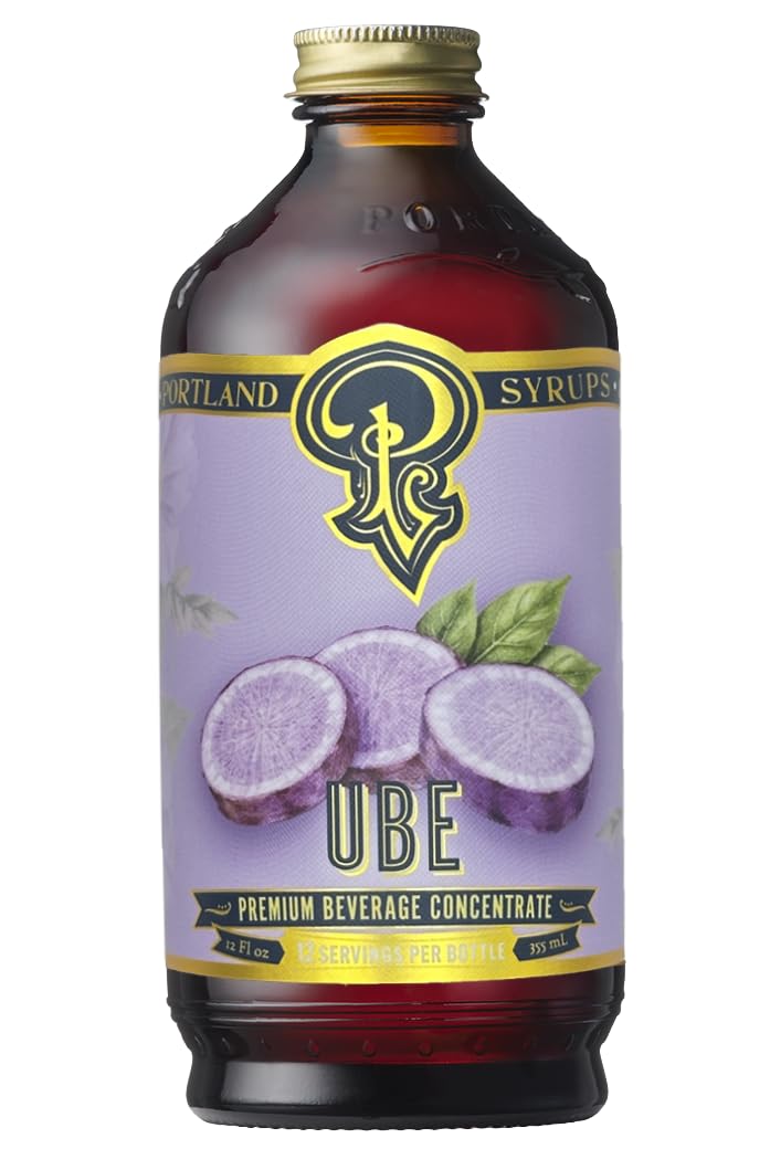 Portland Syrups ube syrup front label showing ingredients and 12 oz size benefit