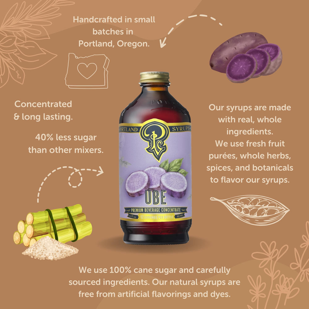 Portland Syrups ube syrup next to measuring spoon showing serving size guidance