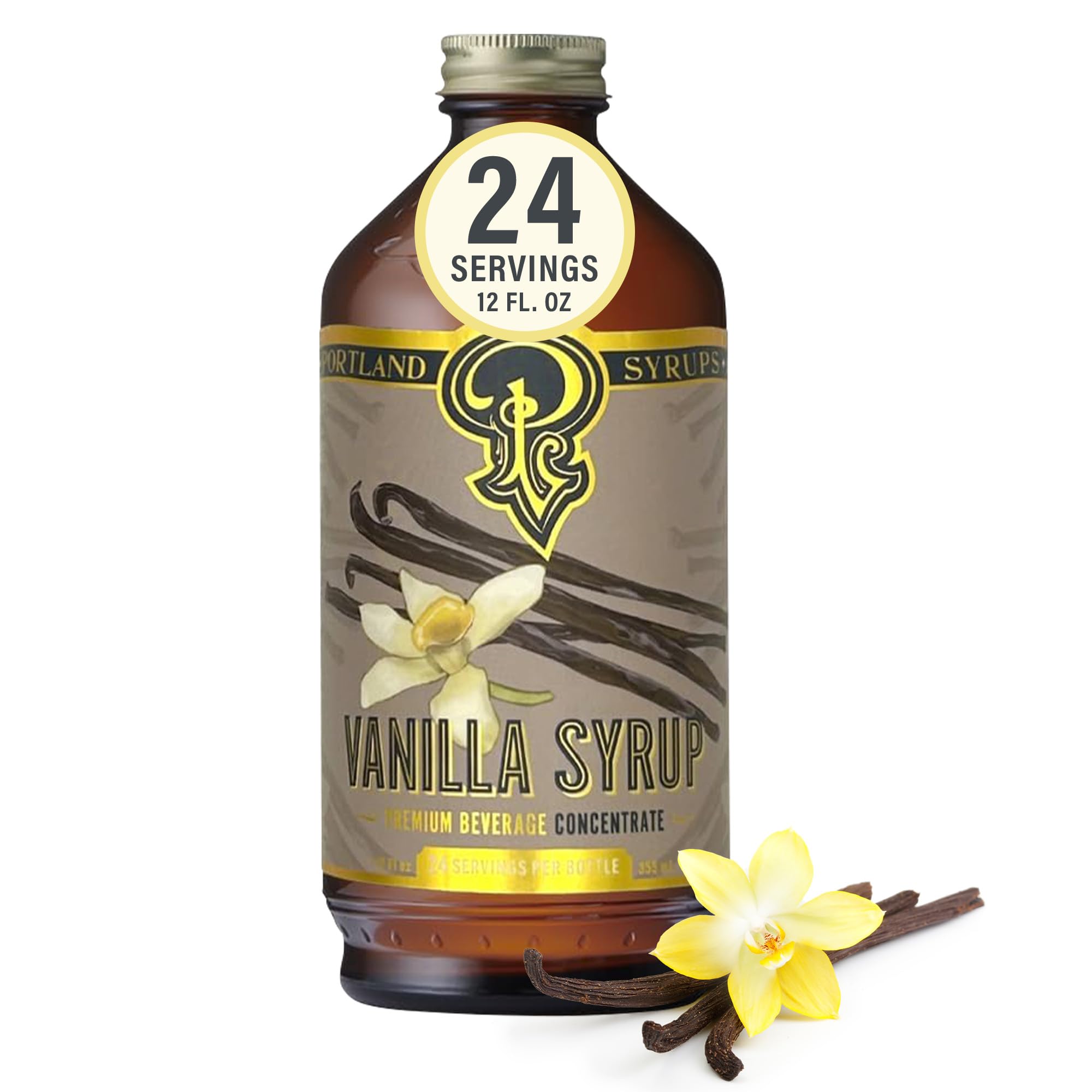 Portland Syrups front label showing vanilla syrup and serving info benefits consistency