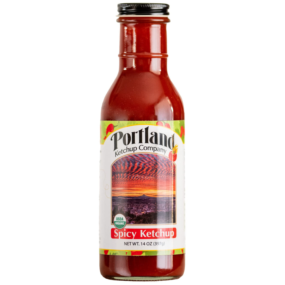 Portlandia Foods front bottle showing label and Portland photo, highlights organic quality