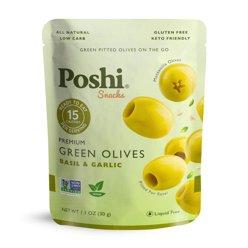 Poshi front packaging basil and garlic showing convenient single-serve pouches and brand name