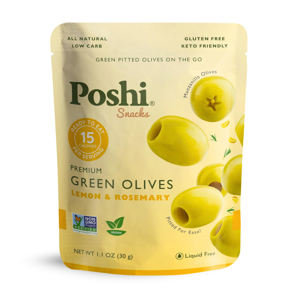 POSHI front pouch showing lemon and rosemary flavor, convenient portable snack
