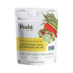POSHI front packaging showing marinated artichoke and asparagus benefits
