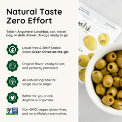 Poshi open pouch with pitted olives ready to eat for instant snacking