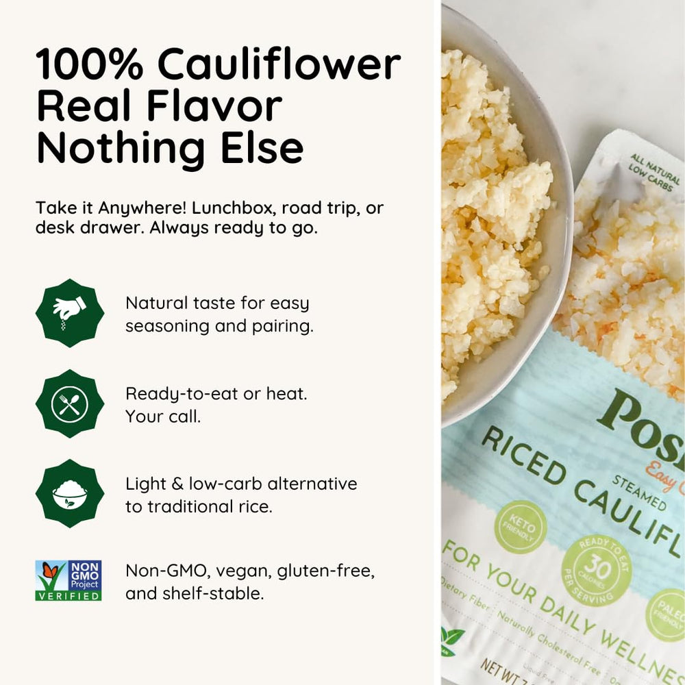 Poshi open pouch with riced cauliflower ready to eat for speed