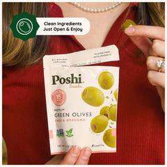 Poshi single pouch opened displaying pitted olives ready to eat