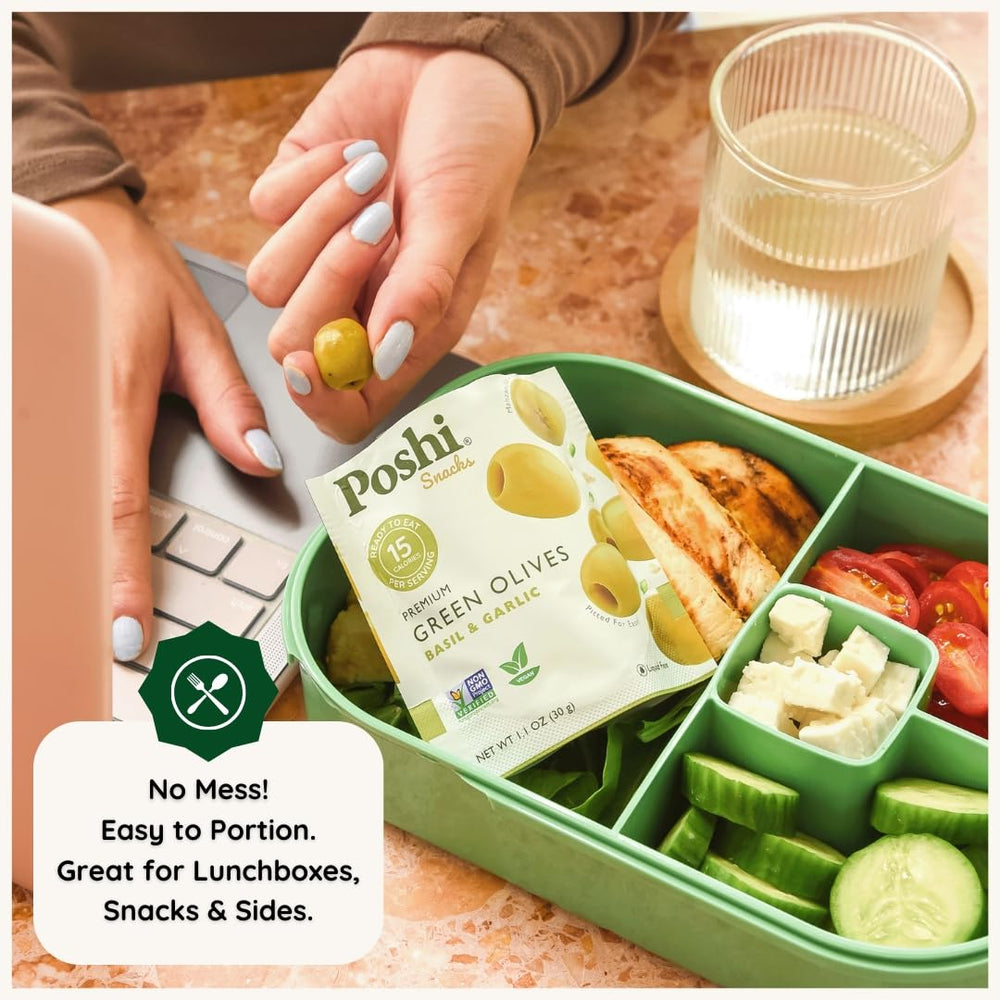 Poshi solo pouch handheld showing easy portion control and ready-to-eat convenience