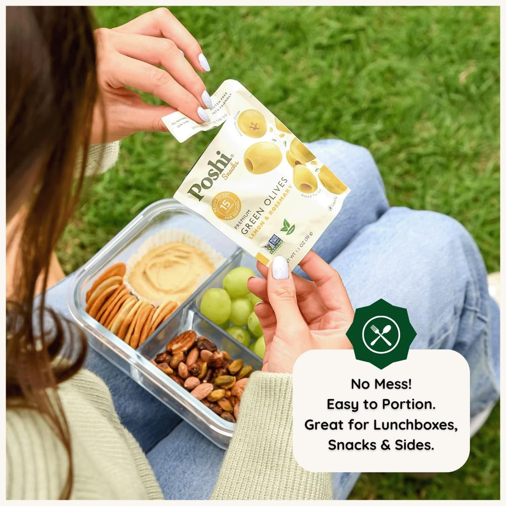 POSHI zipper seal detail on pouch, resealable freshness on the go