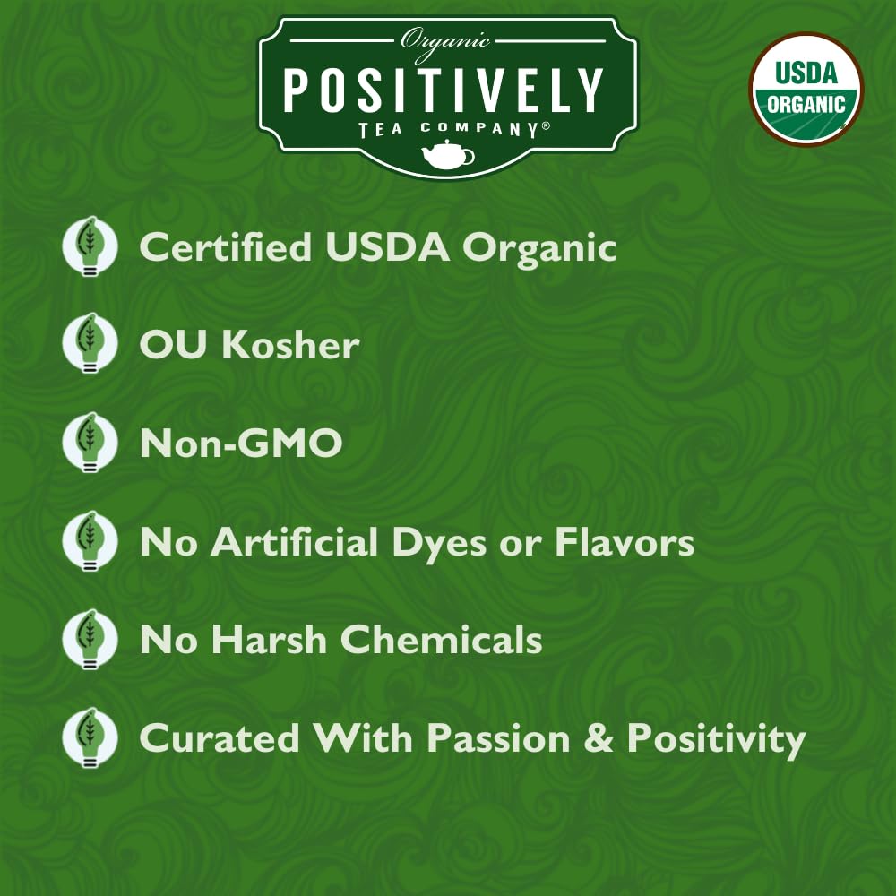 Organic Positively Tea brewed cup in morning setting conveys bold, warming benefit