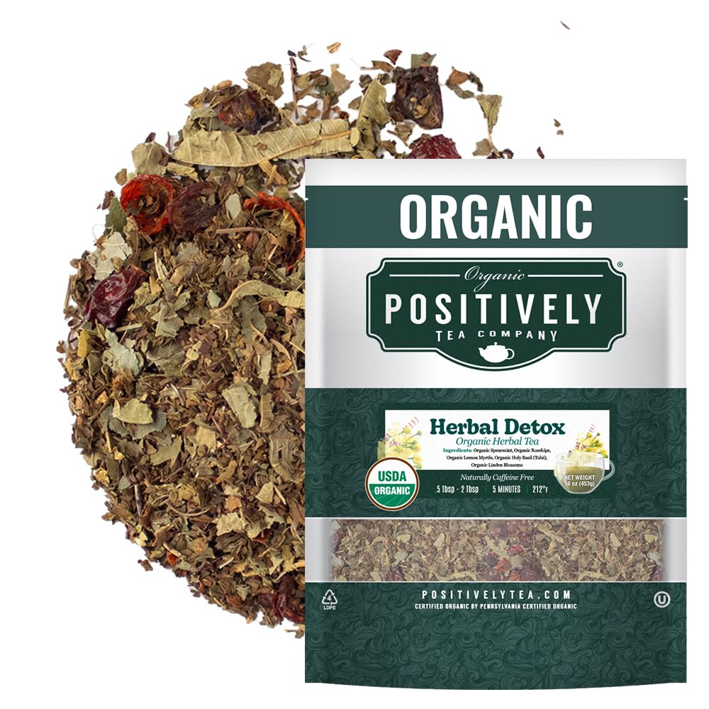 Organic Positively Tea front pouch displaying product name and 16 ounce size, clear branding benefit