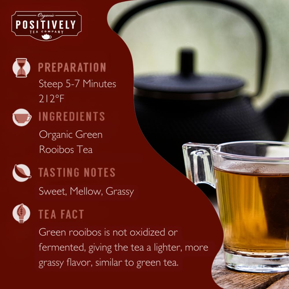 Organic Positively Tea Company loose leaf close-up revealing fine green rooibos texture and freshness