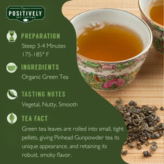 Organic Positively Tea loose pinhead gunpowder leaves in a heap showing compact form and storage convenience