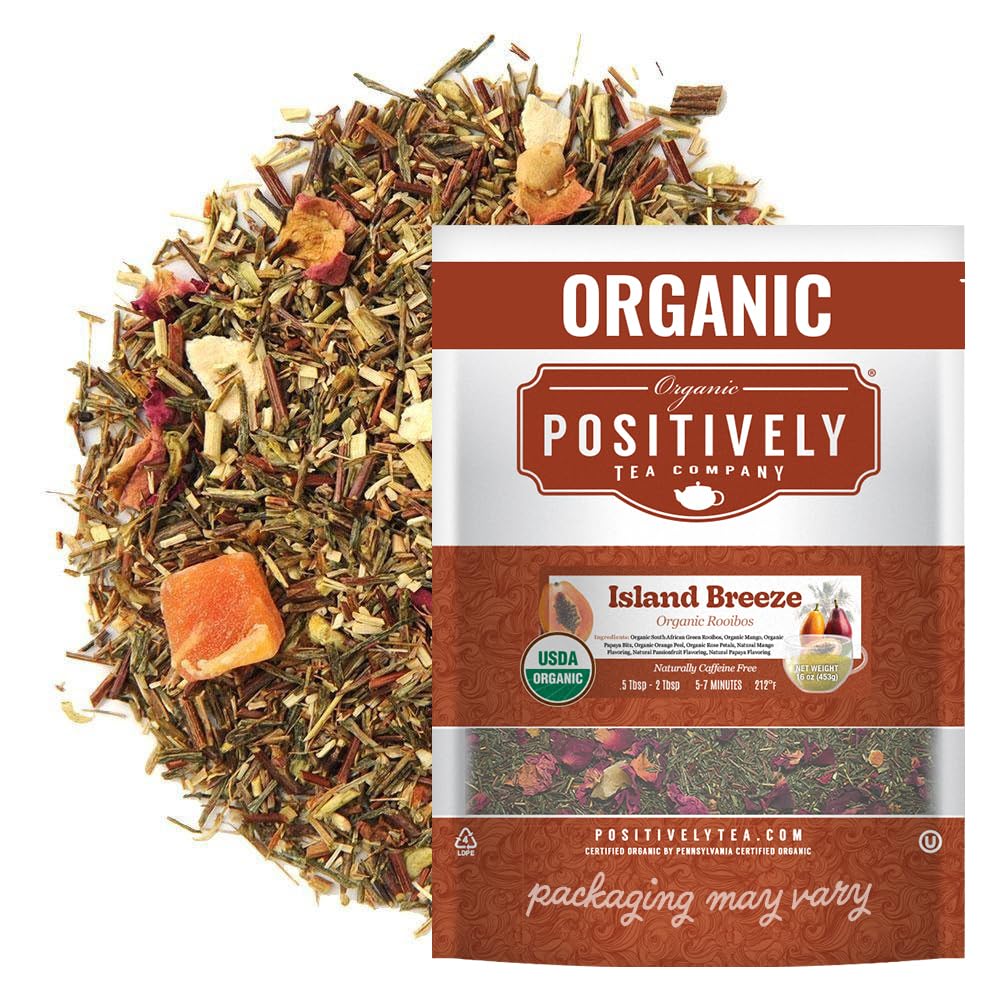 Organic Positively Tea front packaging showing 16 oz bag and branding benefits